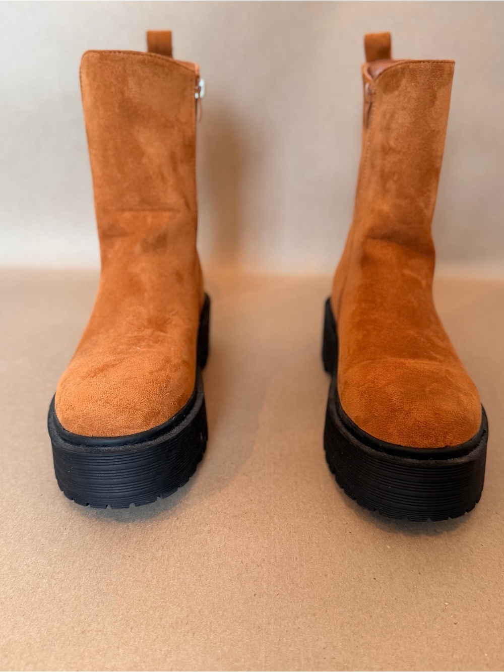 Suede Platform Ankle Boots - Tan